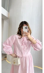 Brera Balon Kol Dokulu Etek Bluz Takım - Pembe - Kod: 6045