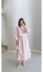 Brera Balon Kol Dokulu Etek Bluz Takım - Pembe - Kod: 6045