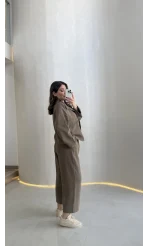 Cepli Kemerli Oversize Ceket-Pantolon Takım - Haki - Kod: 9025