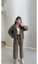 Cepli Kemerli Oversize Ceket-Pantolon Takım - Haki - Kod: 9025