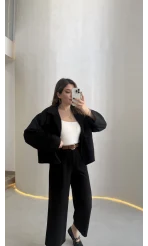 Cepli Kemerli Oversize Ceket-Pantolon Takım - Siyah - Kod: 9025