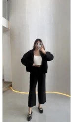 Cepli Kemerli Oversize Ceket-Pantolon Takım - Siyah - Kod: 9025