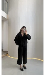 Cepli Kemerli Oversize Ceket-Pantolon Takım - Siyah - Kod: 9025