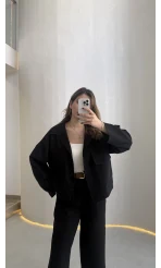 Cepli Kemerli Oversize Ceket-Pantolon Takım - Siyah - Kod: 9025