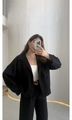 Cepli Kemerli Oversize Ceket-Pantolon Takım - Siyah - Kod: 9025