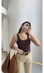 Fitilli Dantel Detay Kalın Askılı Body - Kahverengi