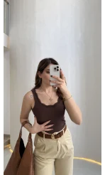 Fitilli Dantel Detay Kalın Askılı Body - Kahverengi