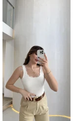 Fitilli Dantel Detay Kalın Askılı Body - Ekru