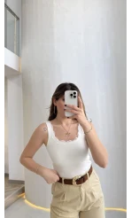 Fitilli Dantel Detay Kalın Askılı Body - Ekru