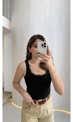 Fitilli Dantel Detay Kalın Askılı Body - Siyah