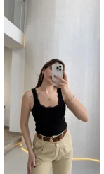 Fitilli Dantel Detay Kalın Askılı Body - Siyah