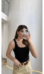 Fitilli Dantel Detay Kalın Askılı Body - Siyah