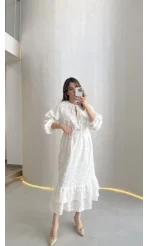 Çiçek Nakış Detaylı Bağcıklı Astarlı Elbise - Ekru - Kod: 8100