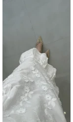 Çiçek Nakış Detaylı Bağcıklı Astarlı Elbise - Ekru - Kod: 8100