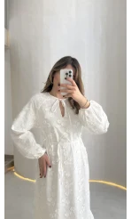 Çiçek Nakış Detaylı Bağcıklı Astarlı Elbise - Ekru - Kod: 8100