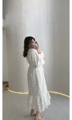 Çiçek Nakış Detaylı Bağcıklı Astarlı Elbise - Ekru - Kod: 8100