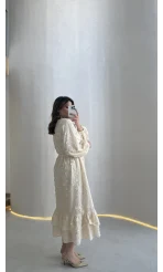 Çiçek Nakış Detaylı Bağcıklı Astarlı Elbise - Bej - Kod: 8100