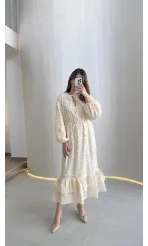 Çiçek Nakış Detaylı Bağcıklı Astarlı Elbise - Bej - Kod: 8100