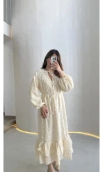 Çiçek Nakış Detaylı Bağcıklı Astarlı Elbise - Bej - Kod: 8100