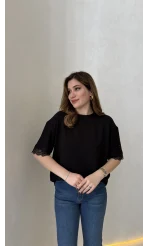 Sırt Dantel Detaylı Kısa Kol T-shirt - Siyah