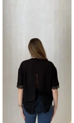 Sırt Dantel Detaylı Kısa Kol T-shirt - Siyah