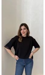 Sırt Dantel Detaylı Kısa Kol T-shirt - Siyah