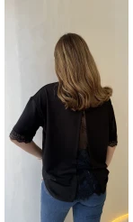 Sırt Dantel Detaylı Kısa Kol T-shirt - Siyah