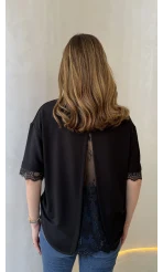 Sırt Dantel Detaylı Kısa Kol T-shirt - Siyah