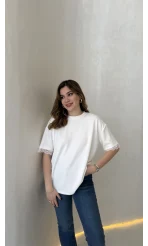 Sırt Dantel Detaylı Kısa Kol T-shirt - Ekru