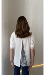 Sırt Dantel Detaylı Kısa Kol T-shirt - Ekru