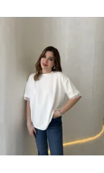 Sırt Dantel Detaylı Kısa Kol T-shirt - Ekru