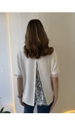 Sırt Dantel Detaylı Kısa Kol T-shirt - Ekru