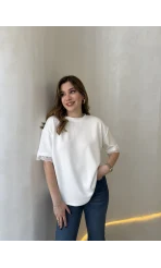 Sırt Dantel Detaylı Kısa Kol T-shirt - Ekru