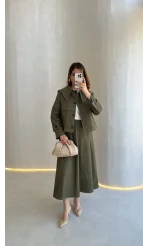 Serenity Pelerinli Denim Etek-Ceket Takım - Haki - Kod:: 586