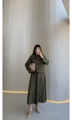 Serenity Pelerinli Denim Etek-Ceket Takım - Haki - Kod:: 586