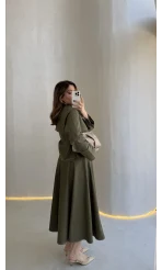 Serenity Pelerinli Denim Etek-Ceket Takım - Haki - Kod:: 586
