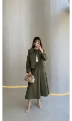 Serenity Pelerinli Denim Etek-Ceket Takım - Haki - Kod:: 586