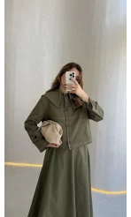 Serenity Pelerinli Denim Etek-Ceket Takım - Haki - Kod:: 586