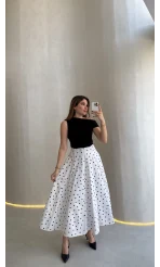 Puantiyeli Astarlı Kloş Etek - Beyaz