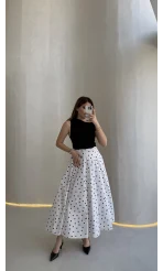 Puantiyeli Astarlı Kloş Etek - Beyaz