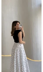 Puantiyeli Astarlı Kloş Etek - Beyaz