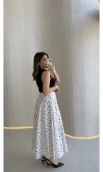 Puantiyeli Astarlı Kloş Etek - Beyaz