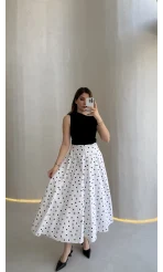 Puantiyeli Astarlı Kloş Etek - Beyaz