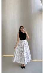 Puantiyeli Astarlı Kloş Etek - Beyaz