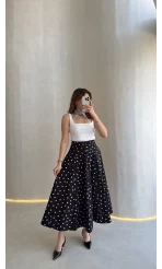 Puantiyeli Astarlı Kloş Etek - Siyah