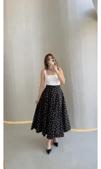 Puantiyeli Astarlı Kloş Etek - Siyah