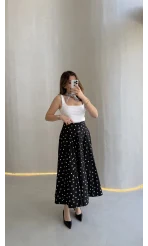 Puantiyeli Astarlı Kloş Etek - Siyah