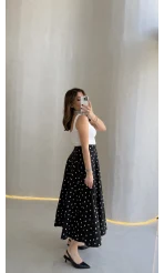 Puantiyeli Astarlı Kloş Etek - Siyah