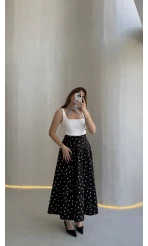 Puantiyeli Astarlı Kloş Etek - Siyah