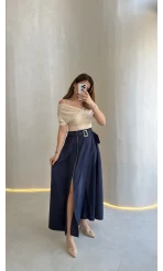 Paraşüt Kumaş Fermuar Yırtmaçlı Kemerli Etek - Lacivert